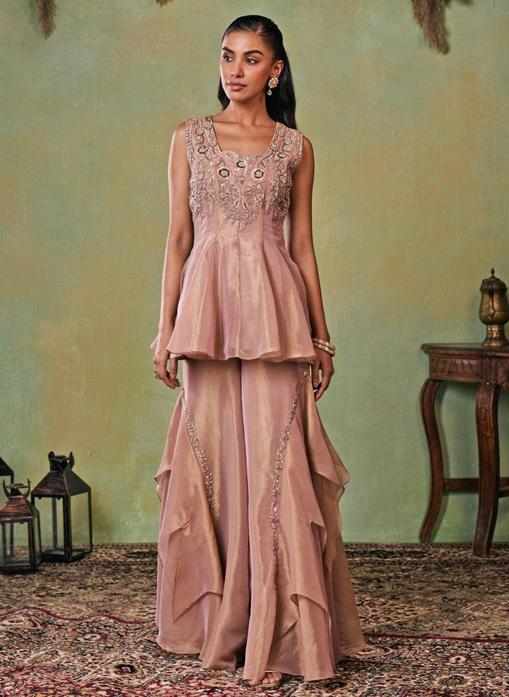 Dusty Pink Tissue Peplum Kurta Sharara Set