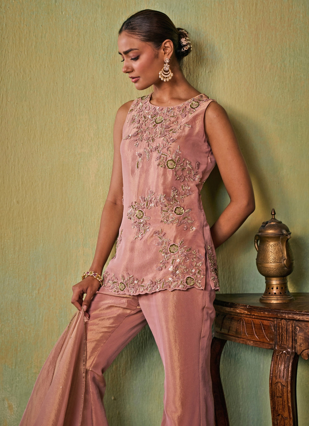 Dusty Pink Tissue Kurta Pants Set