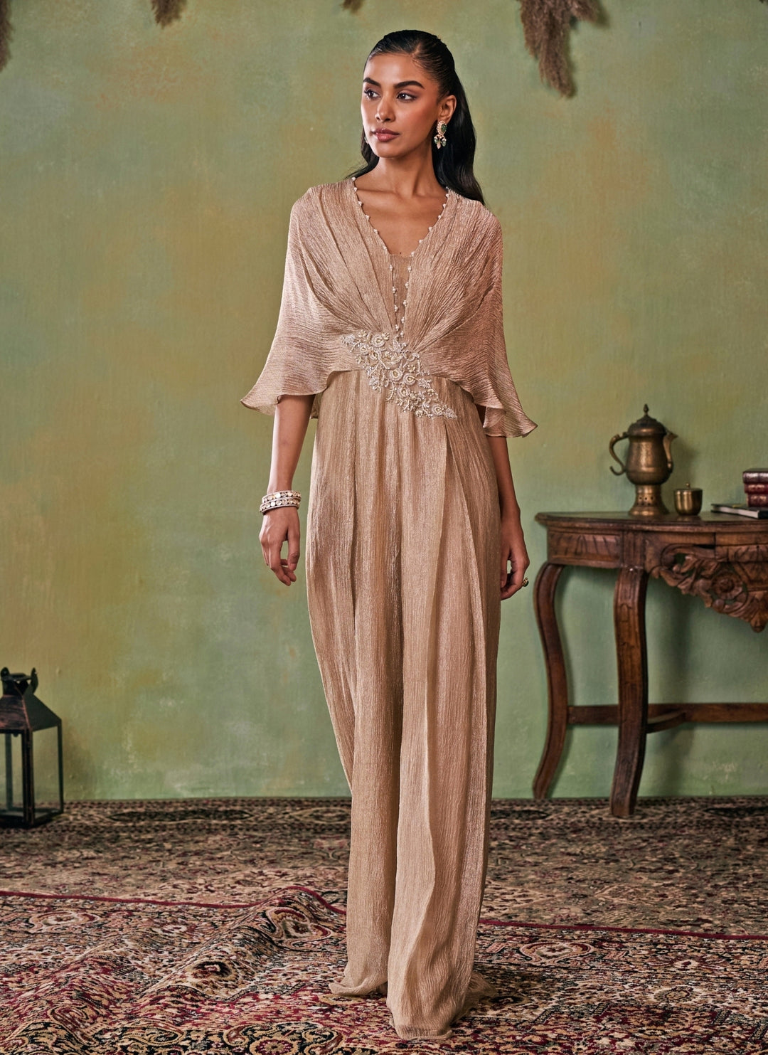 Gold Tissue Pleated Jumpsuit