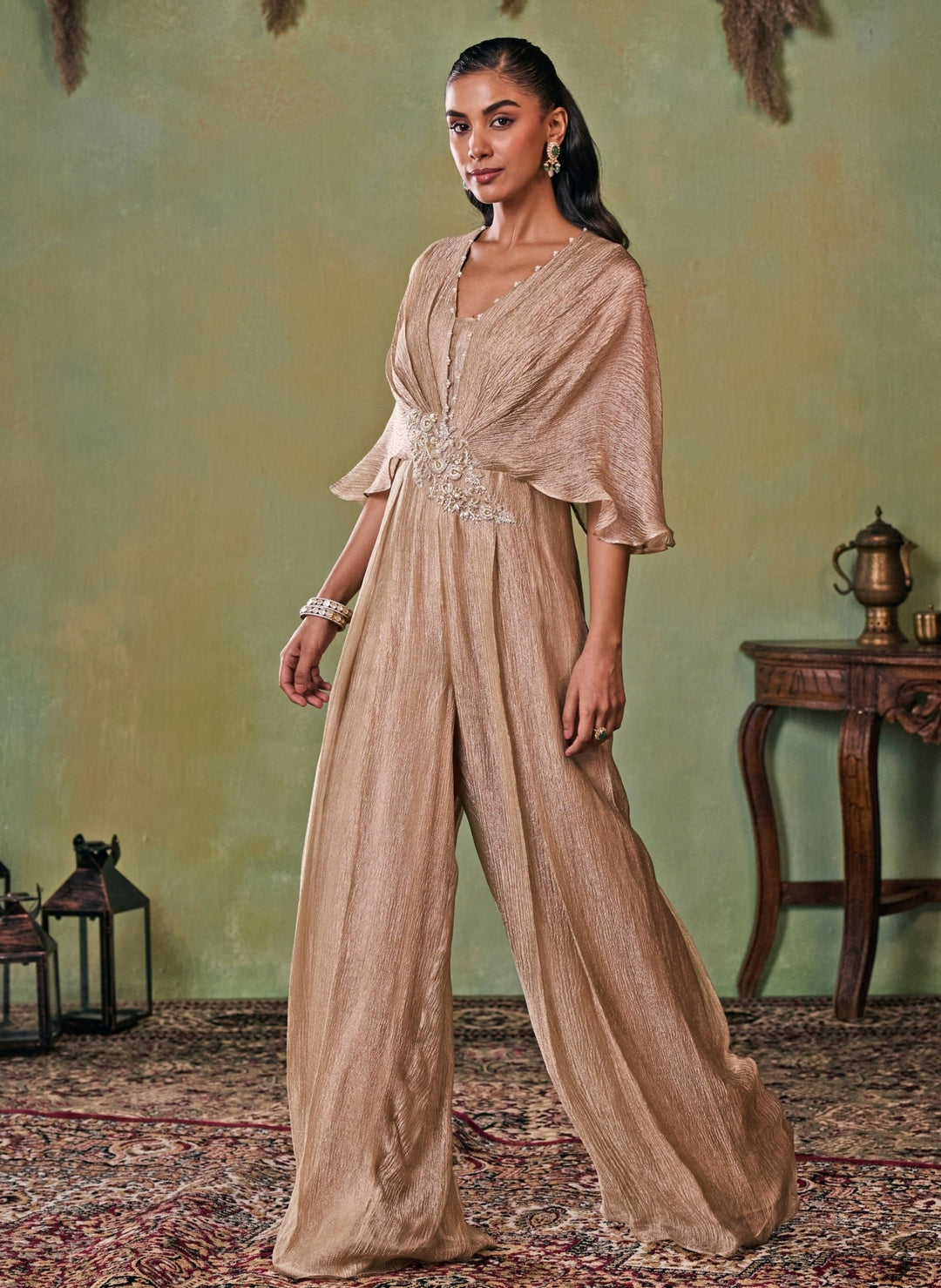 Gold Tissue Pleated Jumpsuit