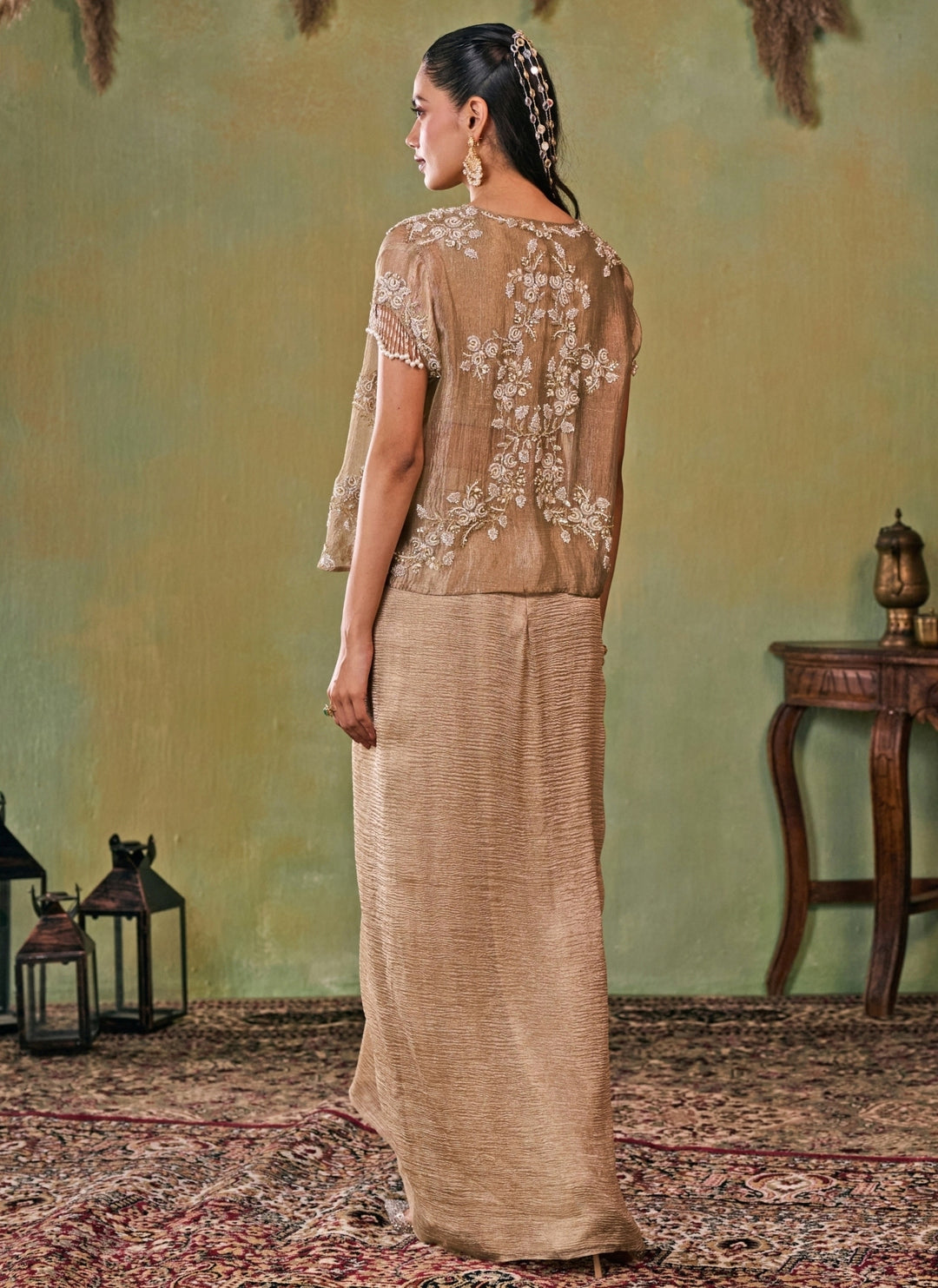 Gold Tissue Drape Skirt Set With Jacket