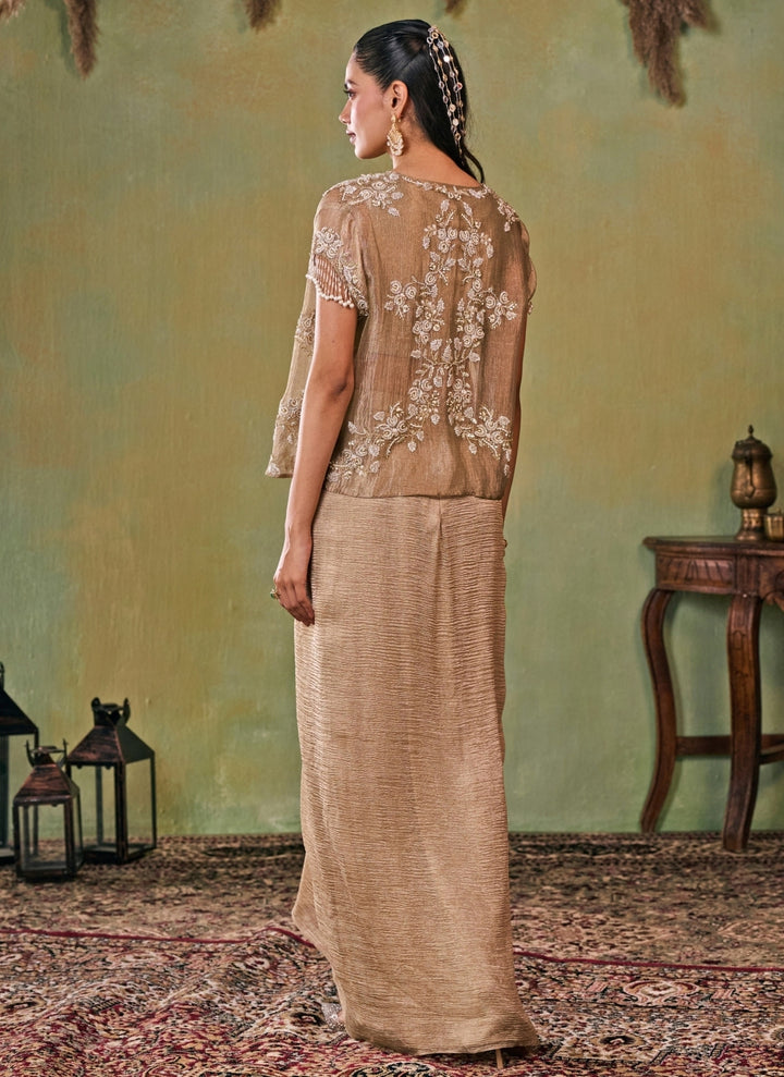 Gold Tissue Drape Skirt Set With Jacket