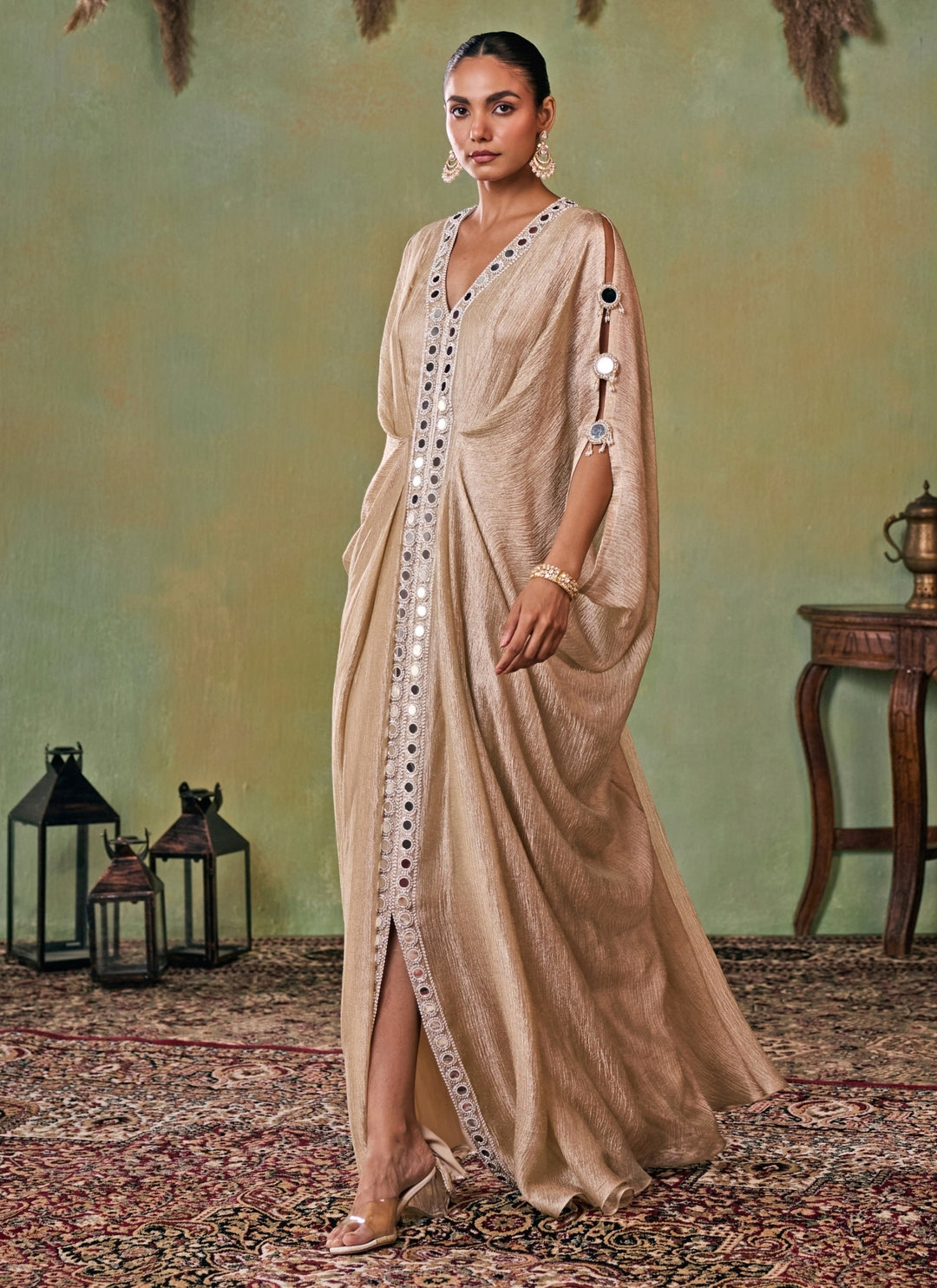 Gold Mirror Embroidered Tissue Kaftan