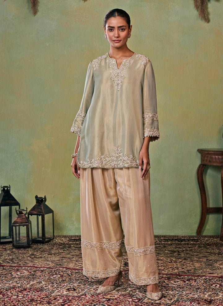 Metallic Green And Gold Tissue Kurta Salwar Set