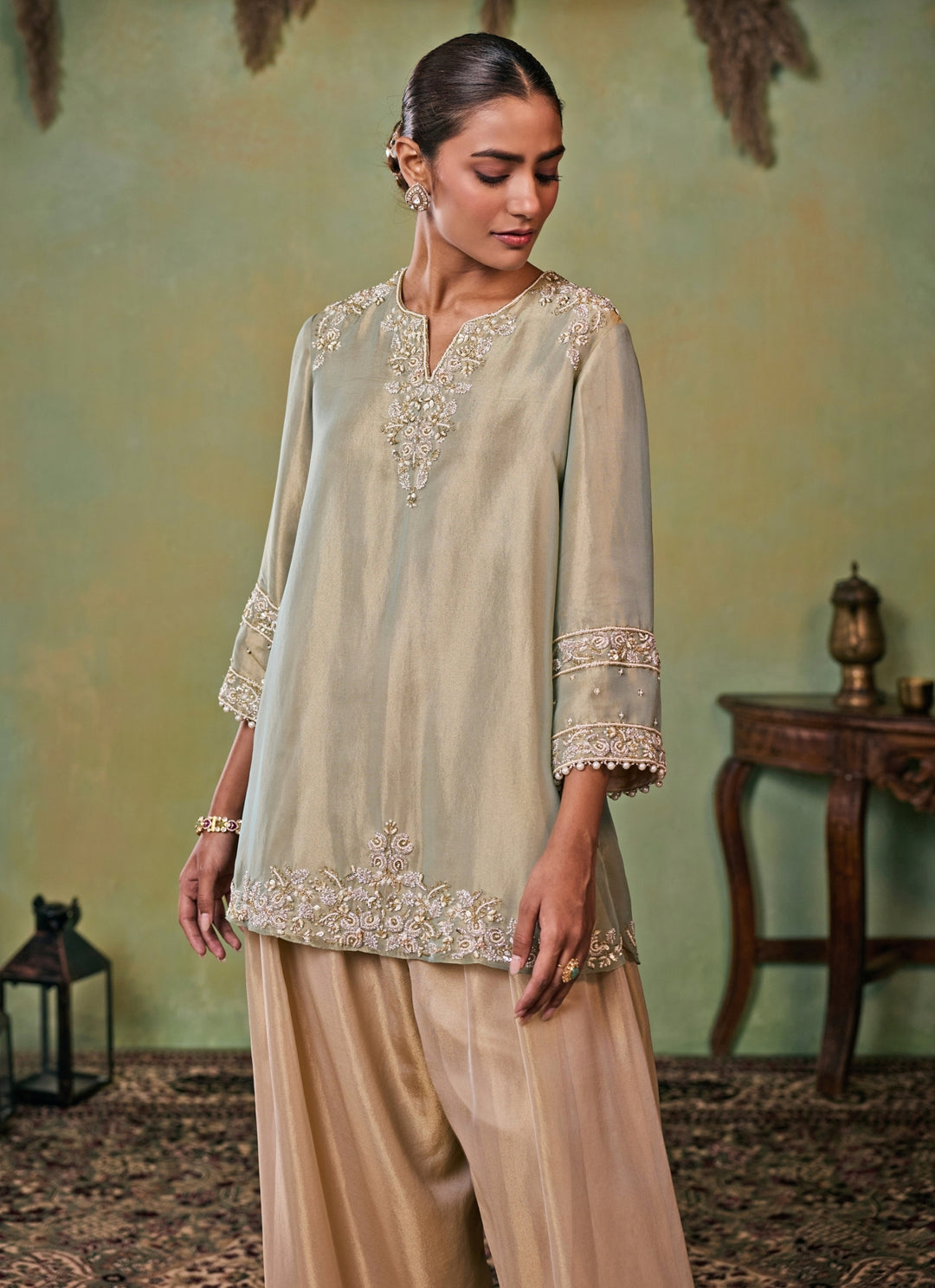 Metallic Green And Gold Tissue Kurta Salwar Set