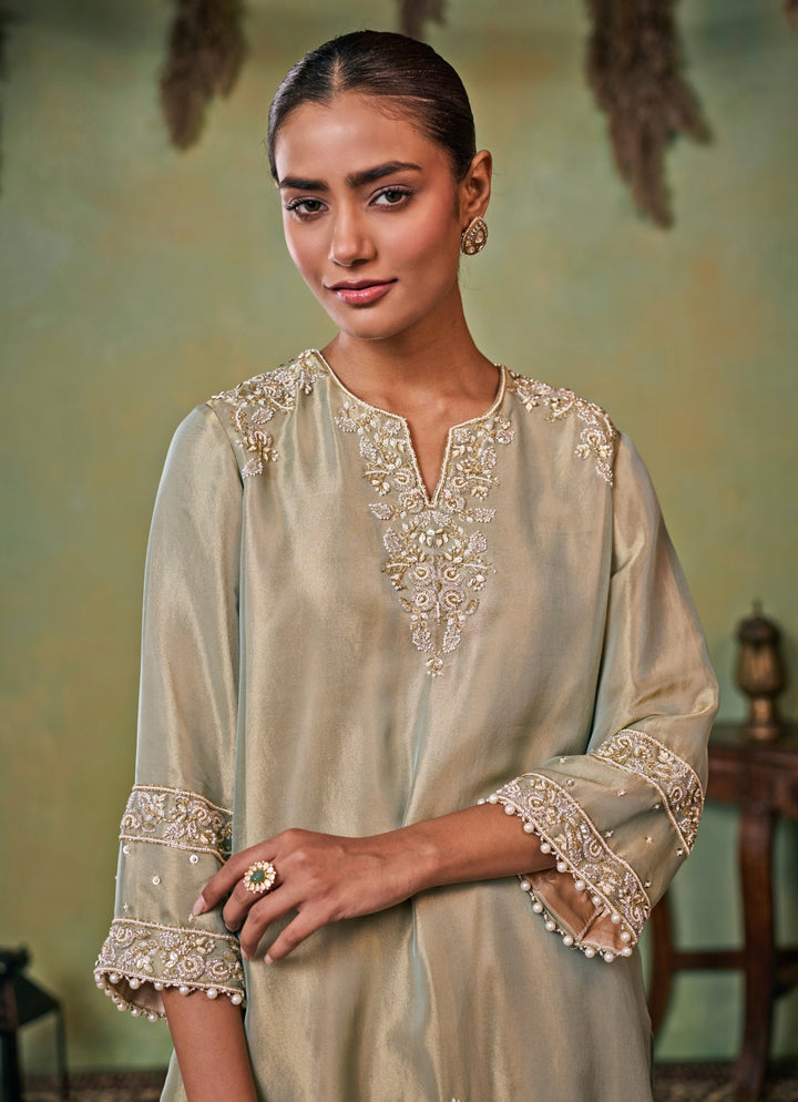 Metallic Green And Gold Tissue Kurta Salwar Set