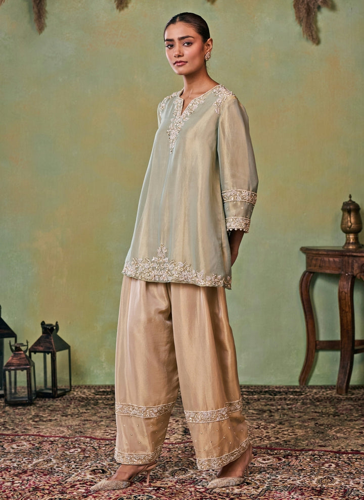 Metallic Green And Gold Tissue Kurta Salwar Set