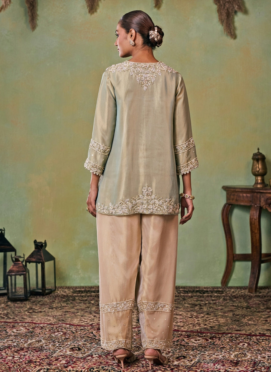 Metallic Green And Gold Tissue Kurta Salwar Set