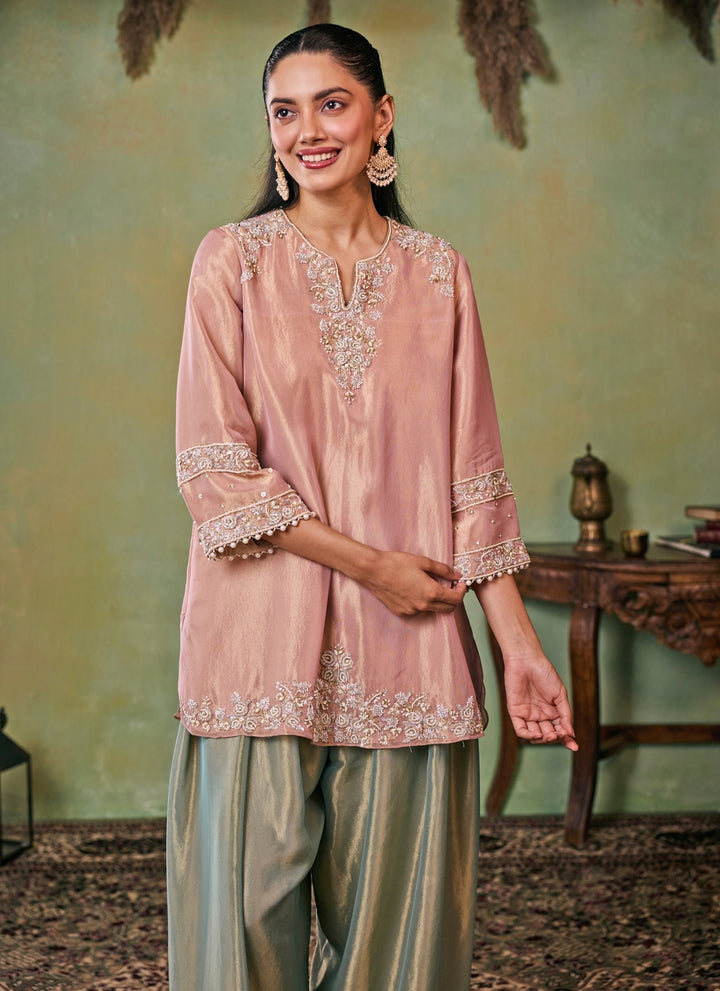 Dusty Pink And Sage Green Tissue Kurta Salwar Set