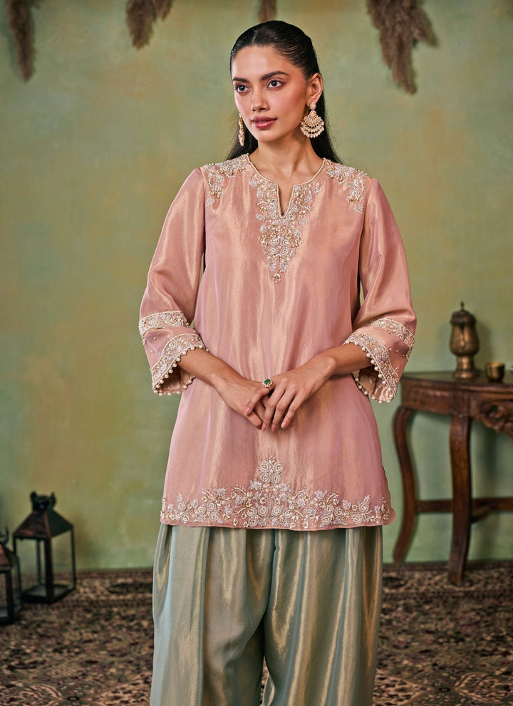 Dusty Pink And Sage Green Tissue Kurta Salwar Set