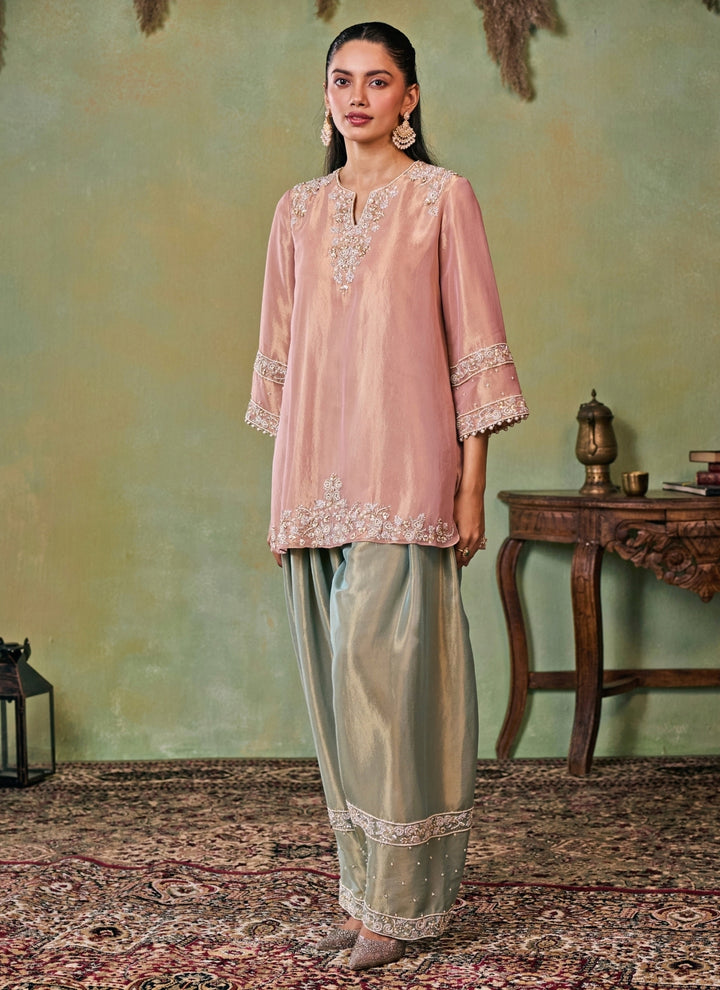 Dusty Pink And Sage Green Tissue Kurta Salwar Set
