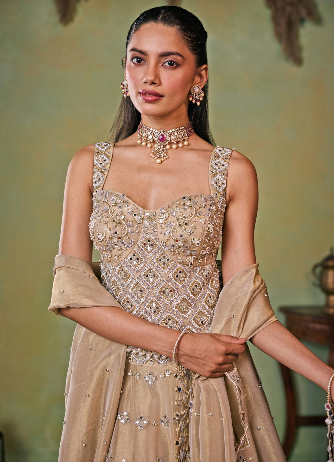 Gold Embroidered Tissue Corset Lehenga Set