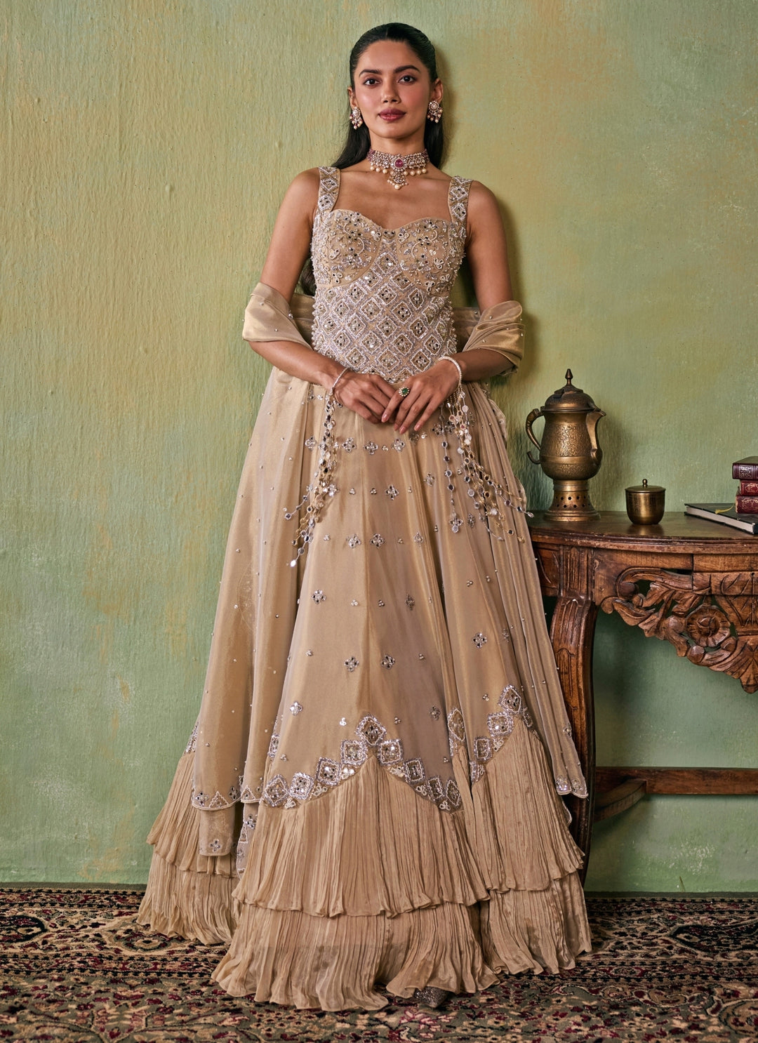 Gold Embroidered Tissue Corset Lehenga Set