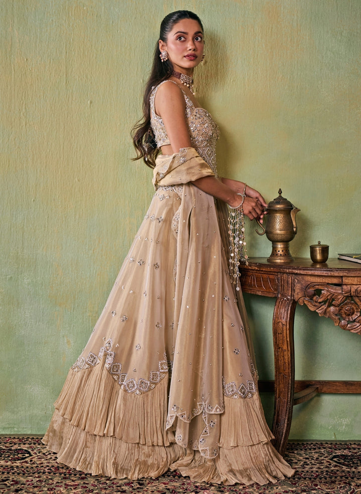 Gold Embroidered Tissue Corset Lehenga Set