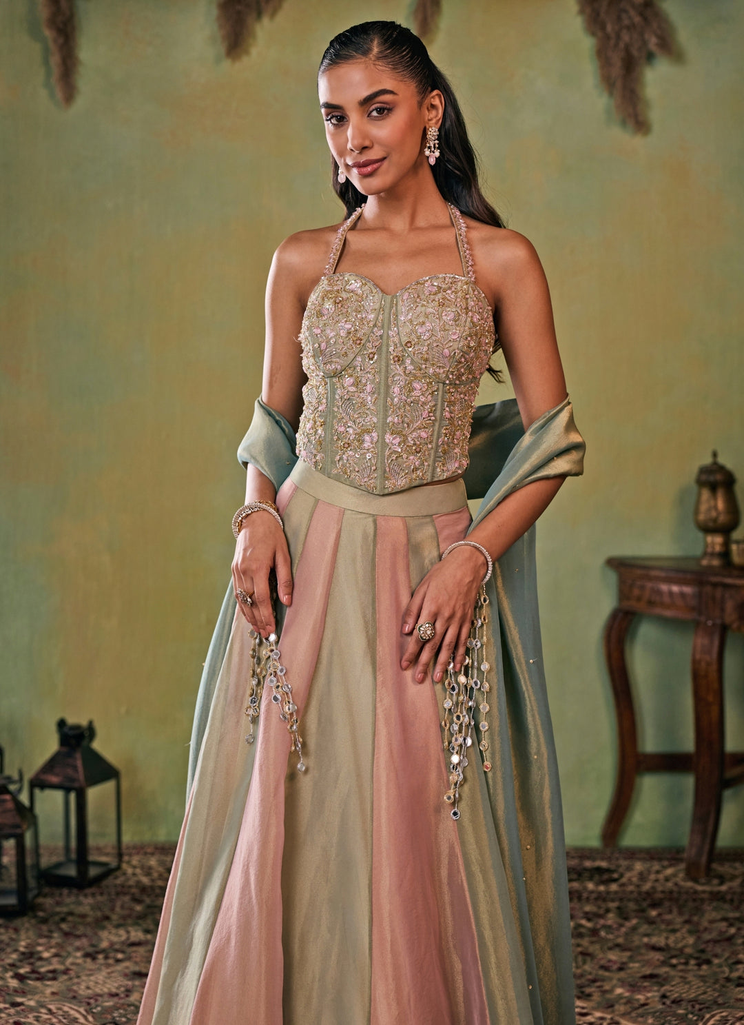 Metallic Green And Dusty Pink Tissue Corset Lehenga Set