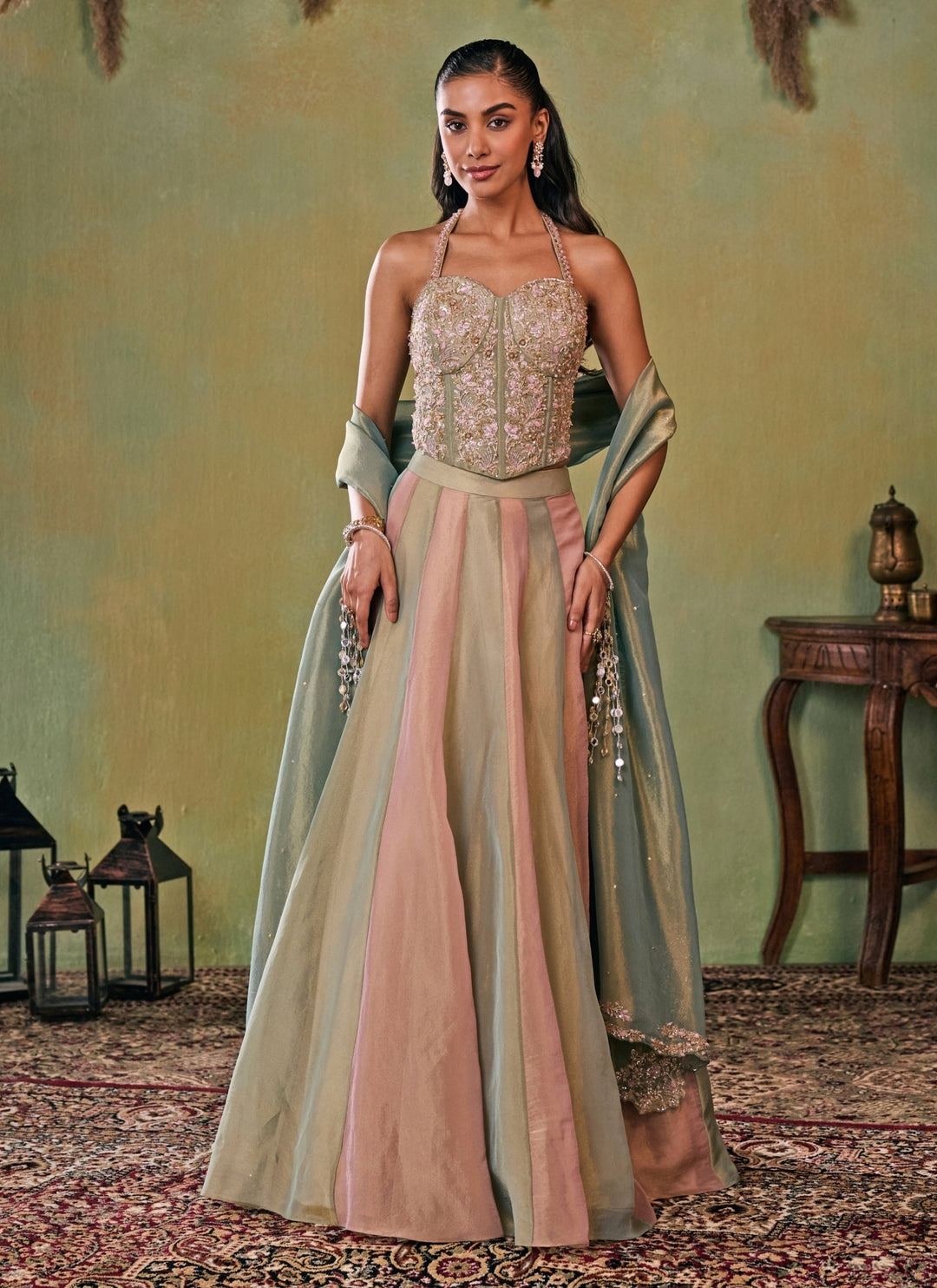 Metallic Green And Dusty Pink Tissue Corset Lehenga Set