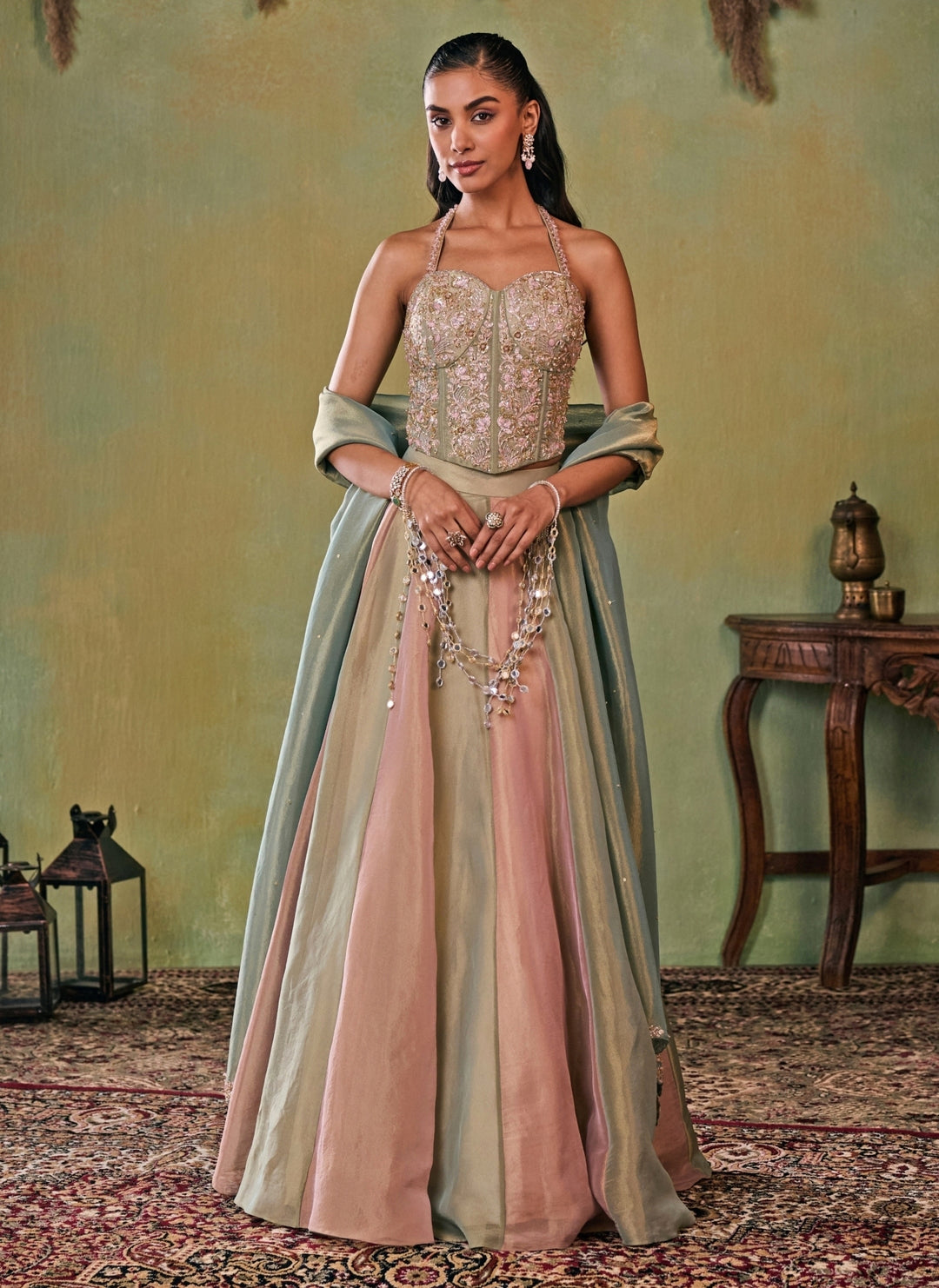Metallic Green And Dusty Pink Tissue Corset Lehenga Set