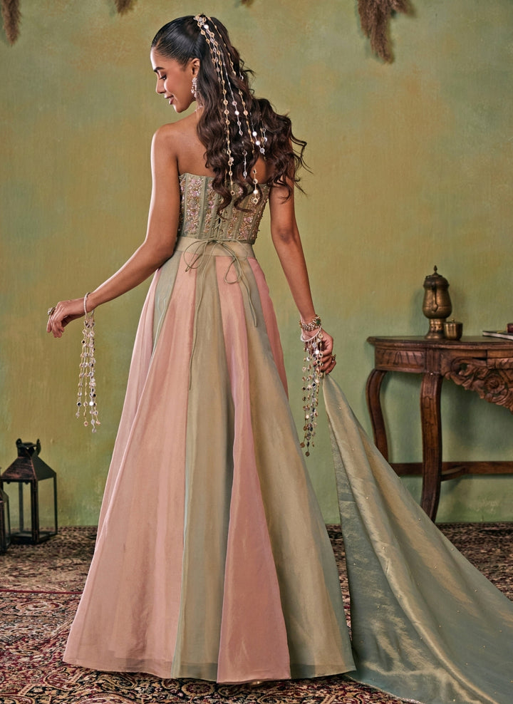 Metallic Green And Dusty Pink Tissue Corset Lehenga Set