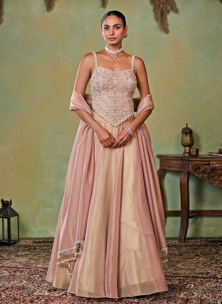 Dusty Pink And Gold Tissue Corset Lehenga Set