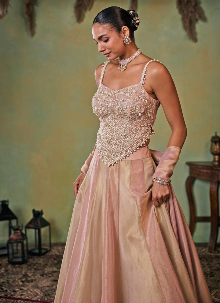 Dusty Pink And Gold Tissue Corset Lehenga Set