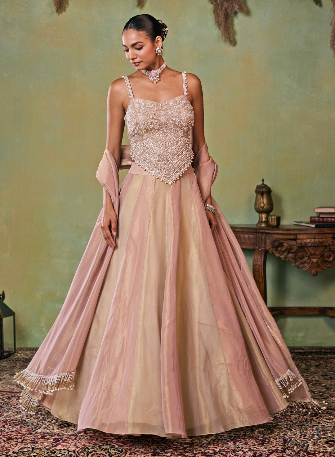 Dusty Pink And Gold Tissue Corset Lehenga Set