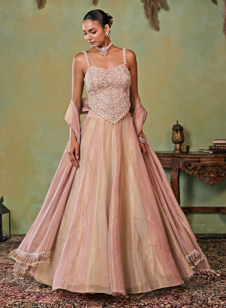 Dusty Pink And Gold Tissue Corset Lehenga Set