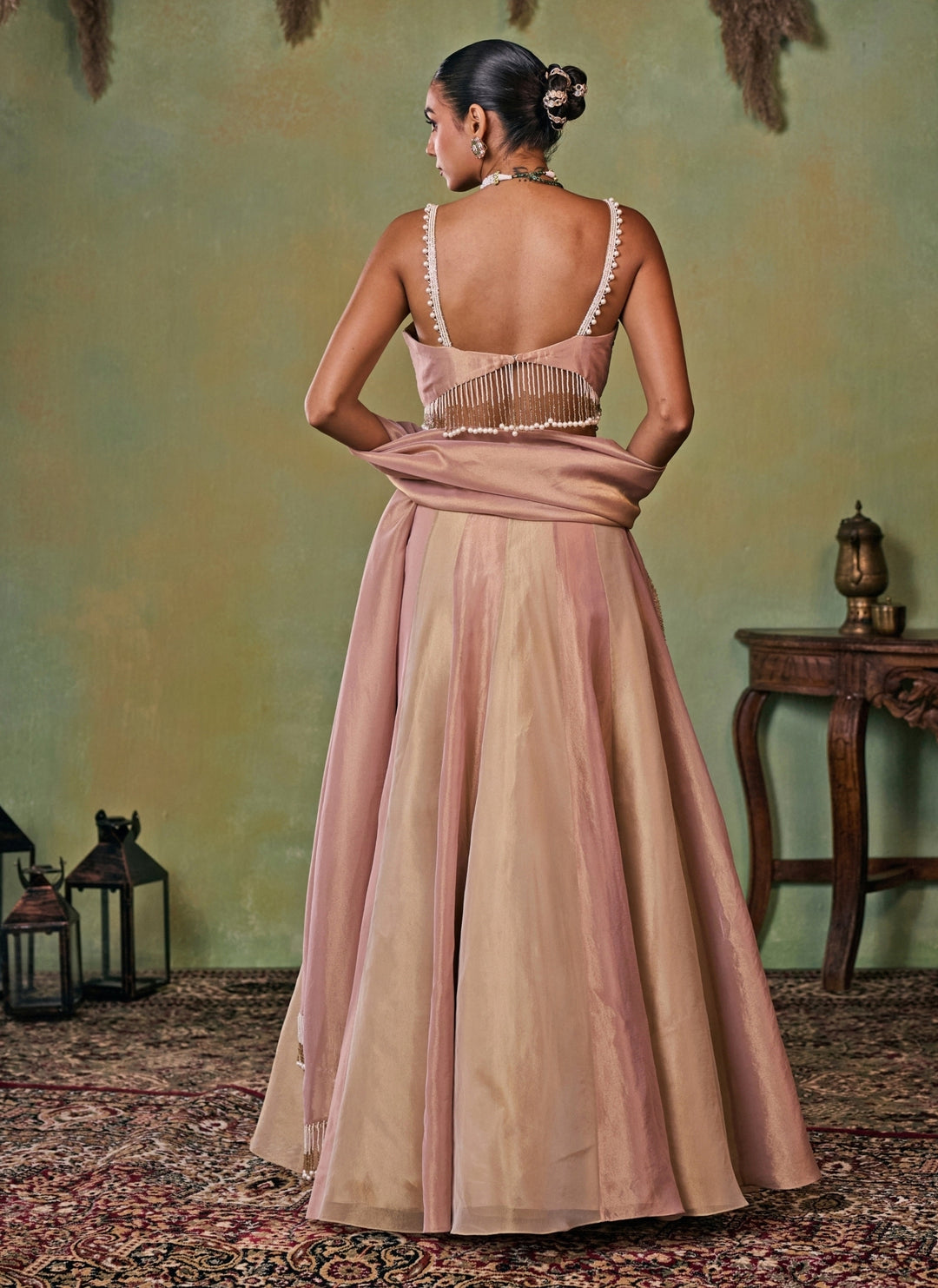 Dusty Pink And Gold Tissue Corset Lehenga Set