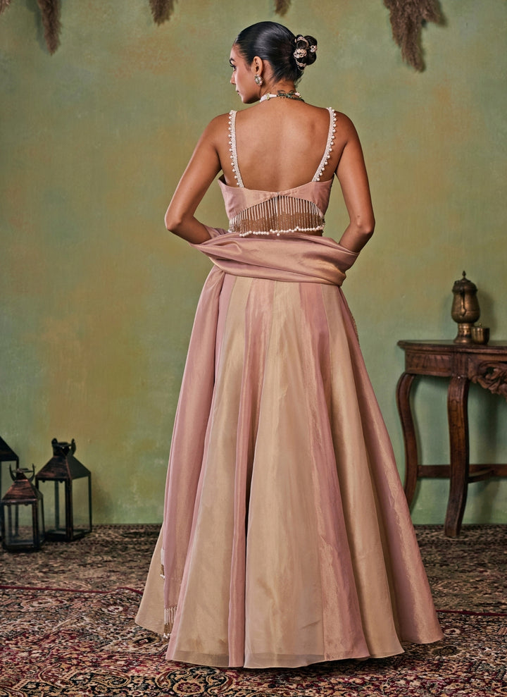 Dusty Pink And Gold Tissue Corset Lehenga Set