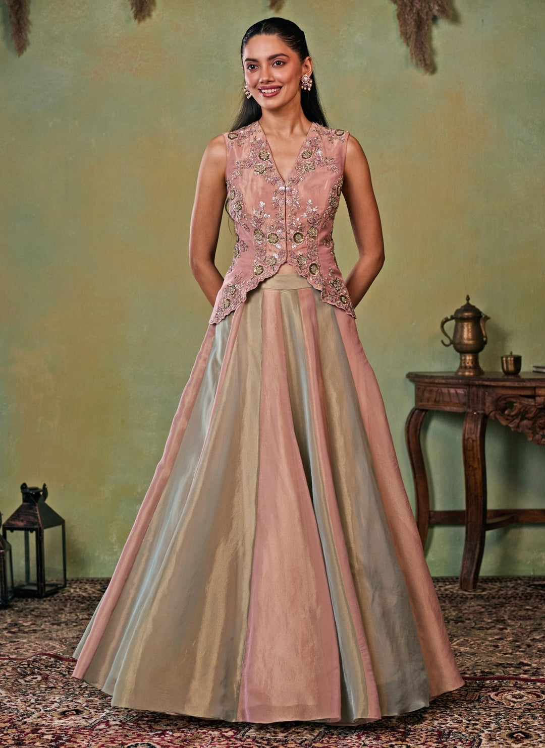 Multicolor Tissue Lehenga Set With Jacket
