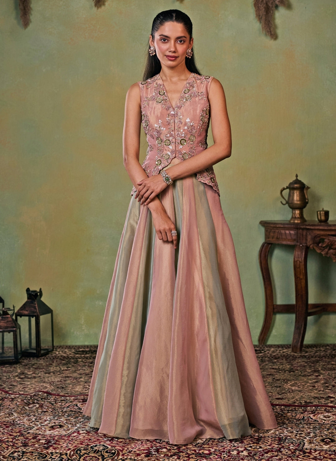 Multicolor Tissue Lehenga Set With Jacket