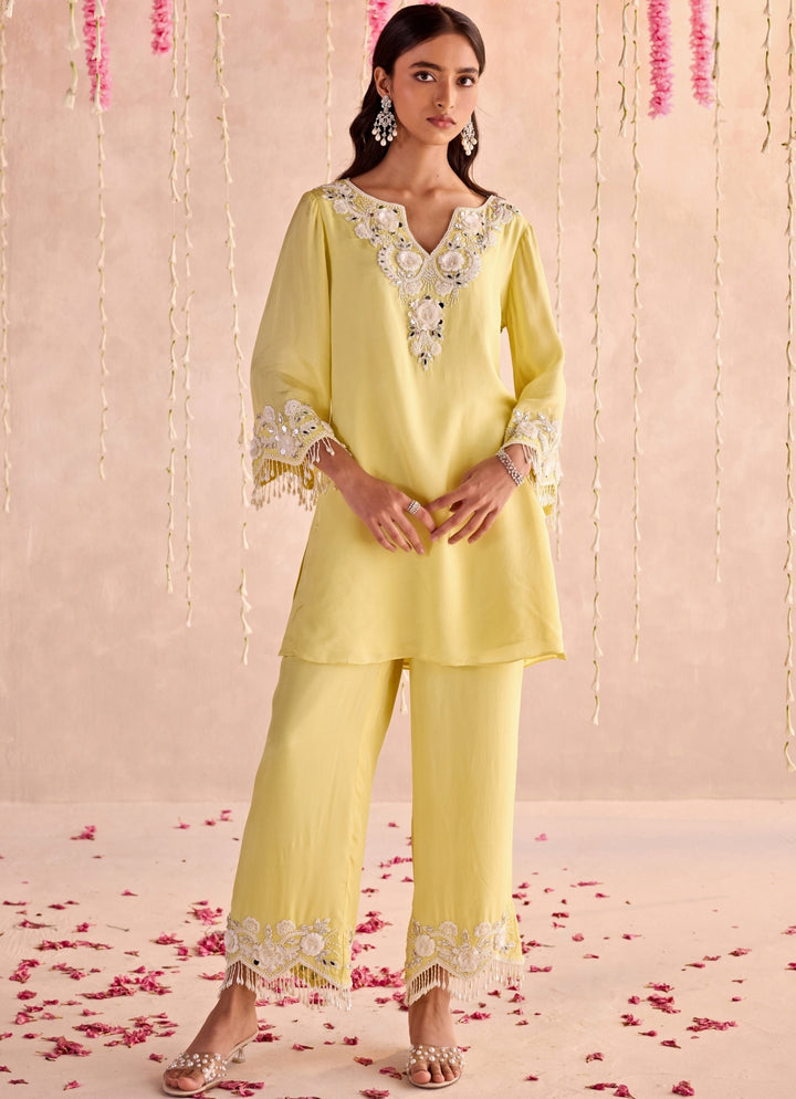 Soft Yellow Embroidered Kurta Pants Set
