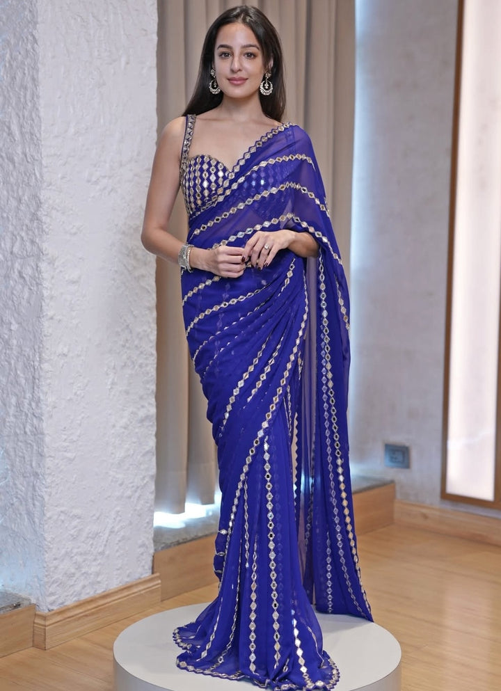 Blue Linear Saree With Embroidered Mirror Blouse