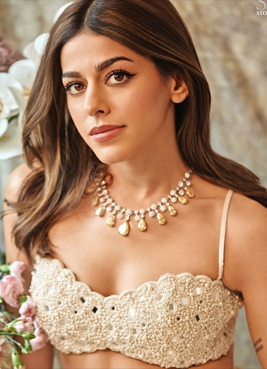 Ivory Pearl Embroidered Drape Skirt Set With Tassels