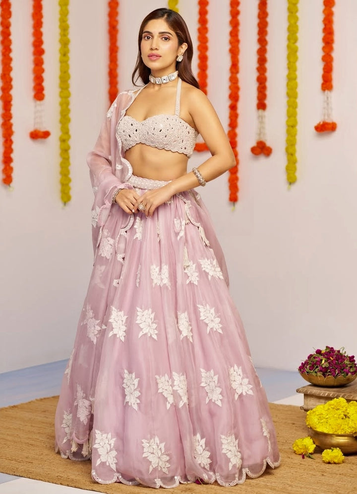 Muted Lilac Applique Lehenga With Pearl Blouse