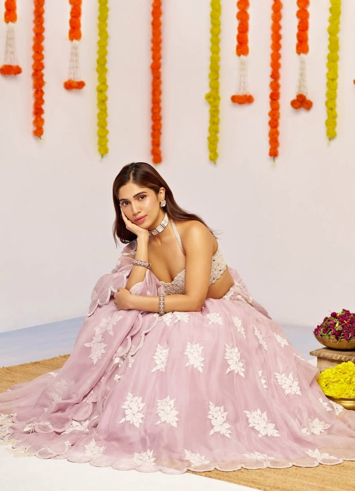 Muted Lilac Applique Lehenga With Pearl Blouse