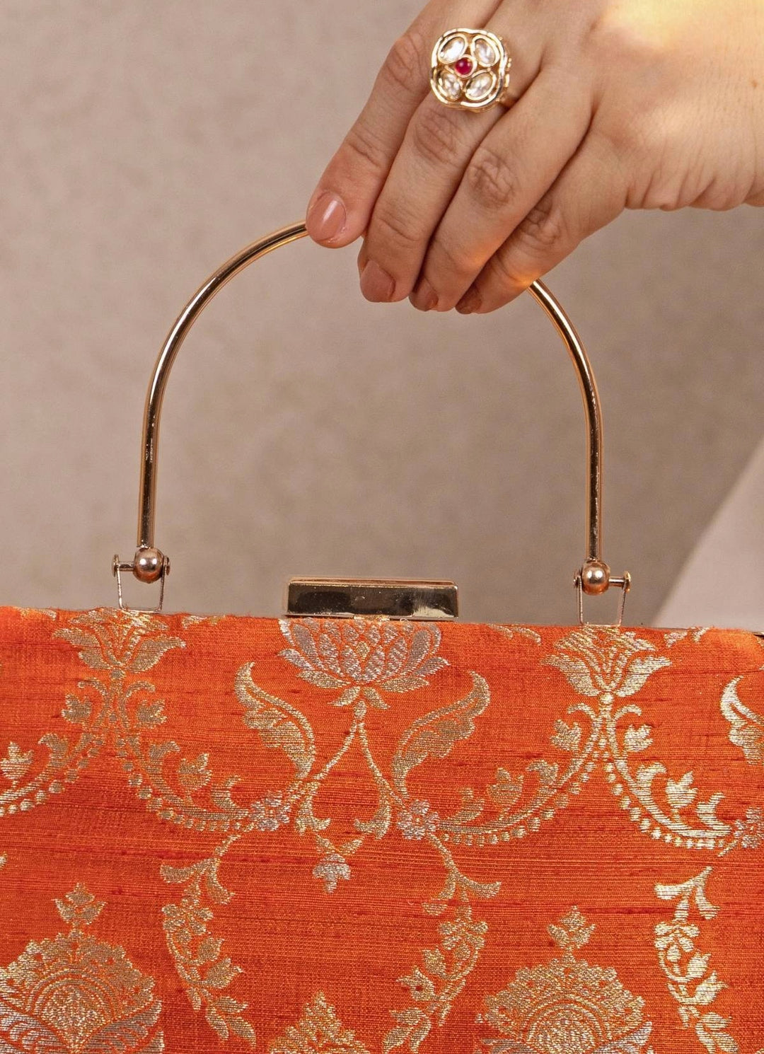 Orange Raw Silk Top Handle Clutch