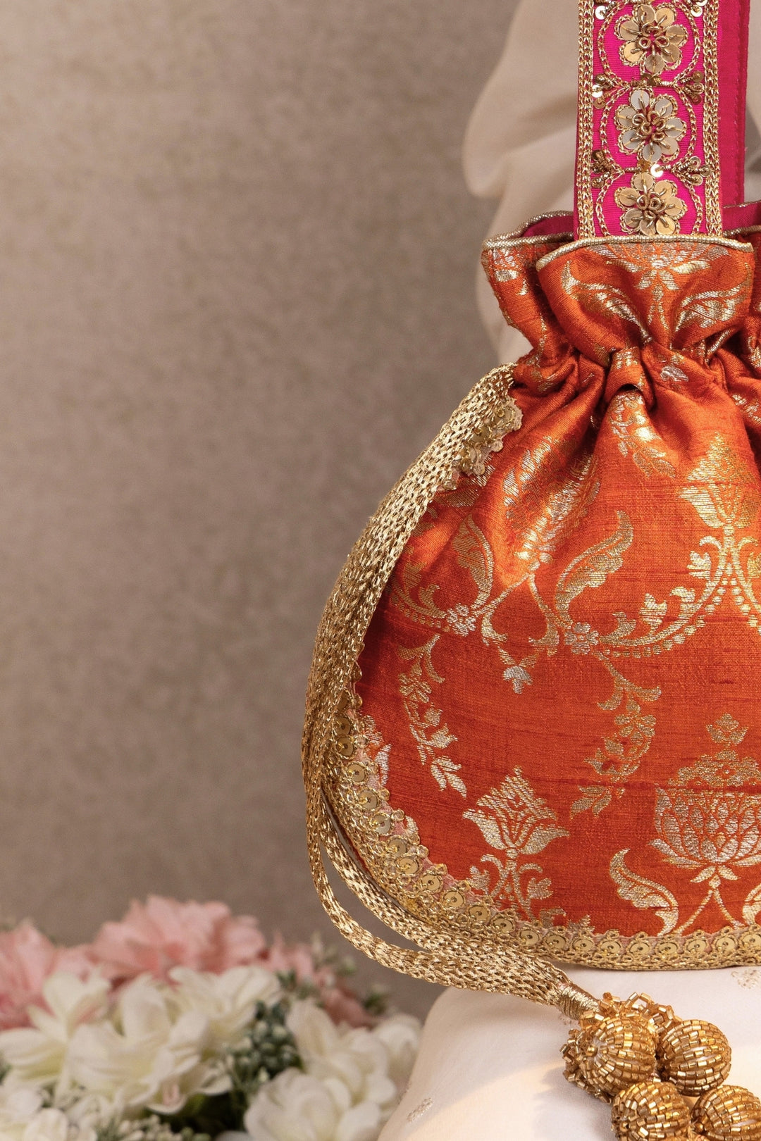 Rust Orange Raw Silk Embroidered Potli