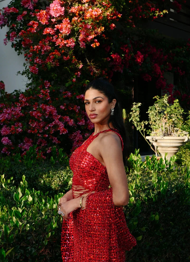Ruby Red Sequinned Slit Skirt Set