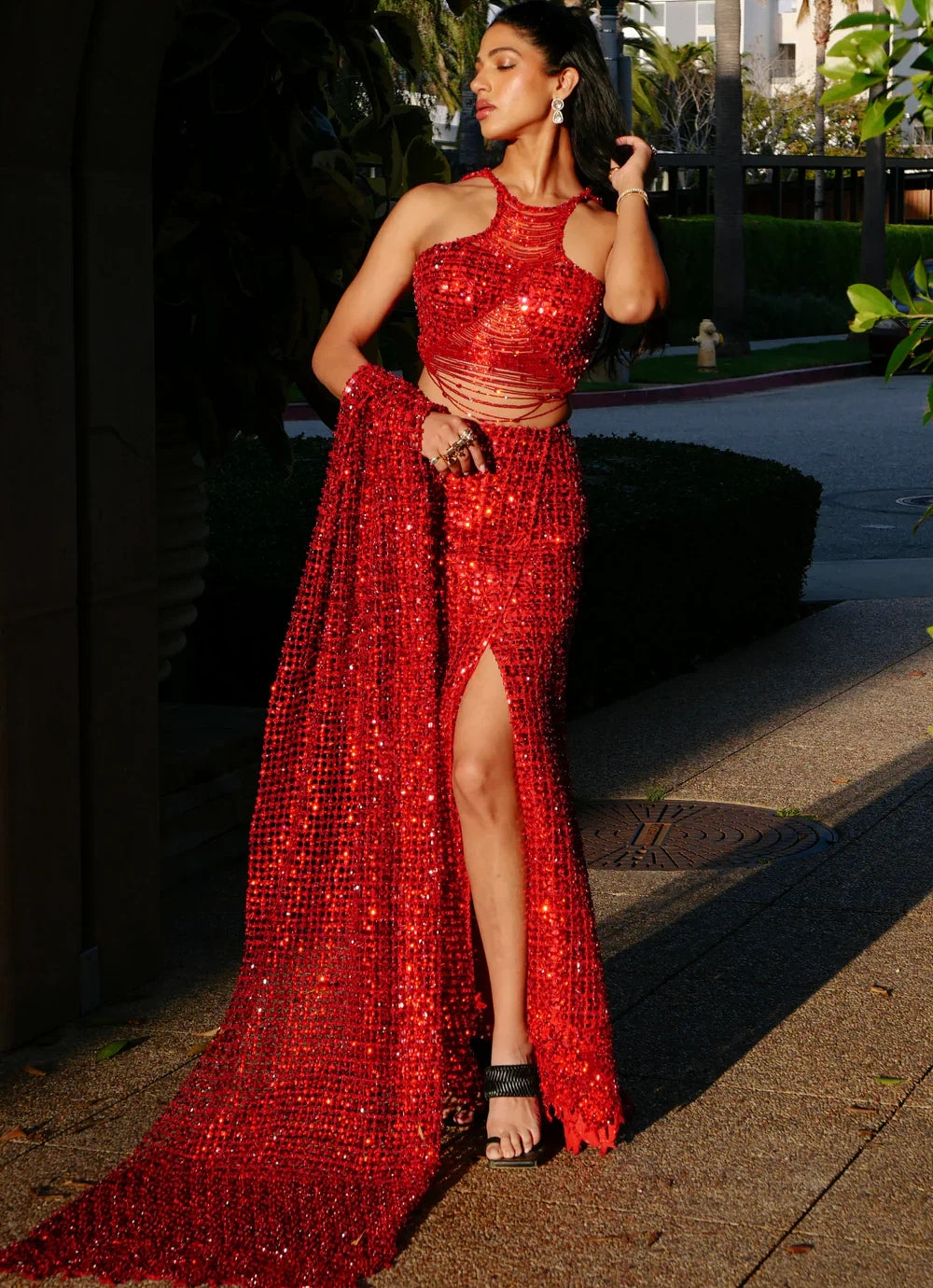 Ruby Red Sequinned Slit Skirt Set