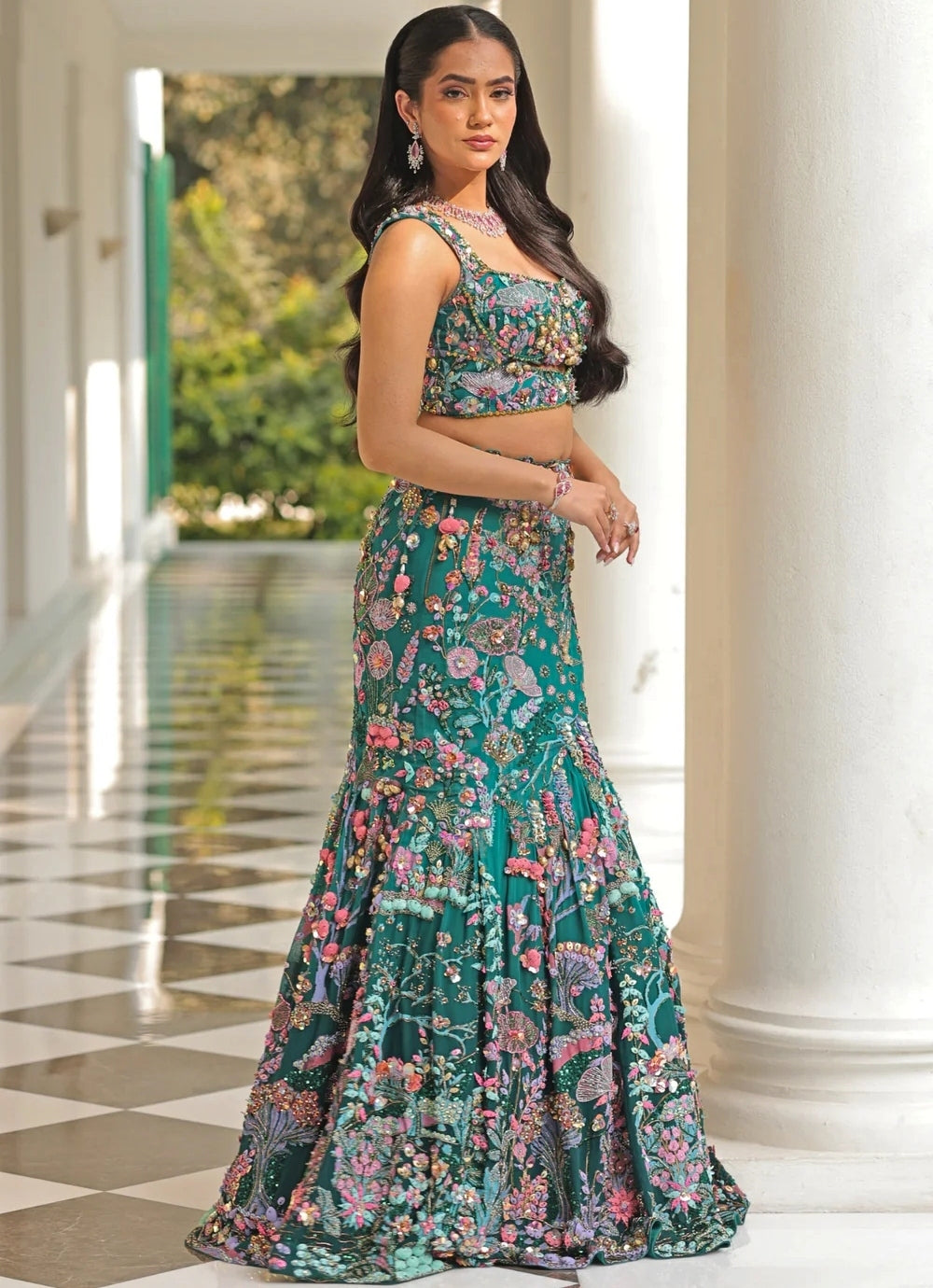 Green Embroidered Georgette Mermaid Lehenga Set
