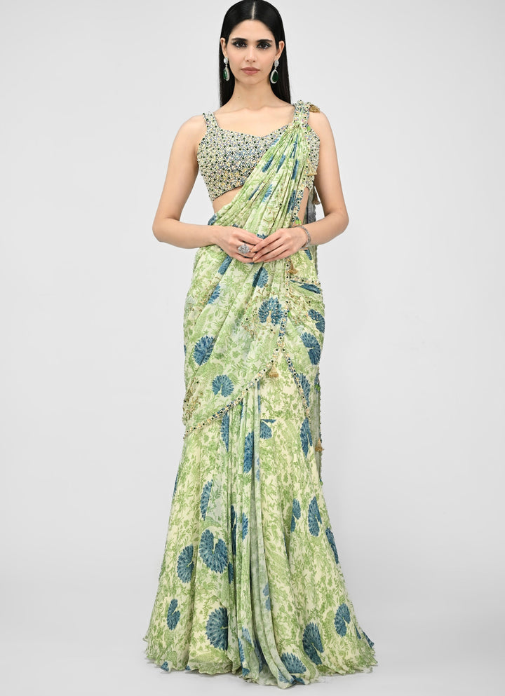 Green Printed Chinon Pre-Draped Saree With Embroidered Blouse