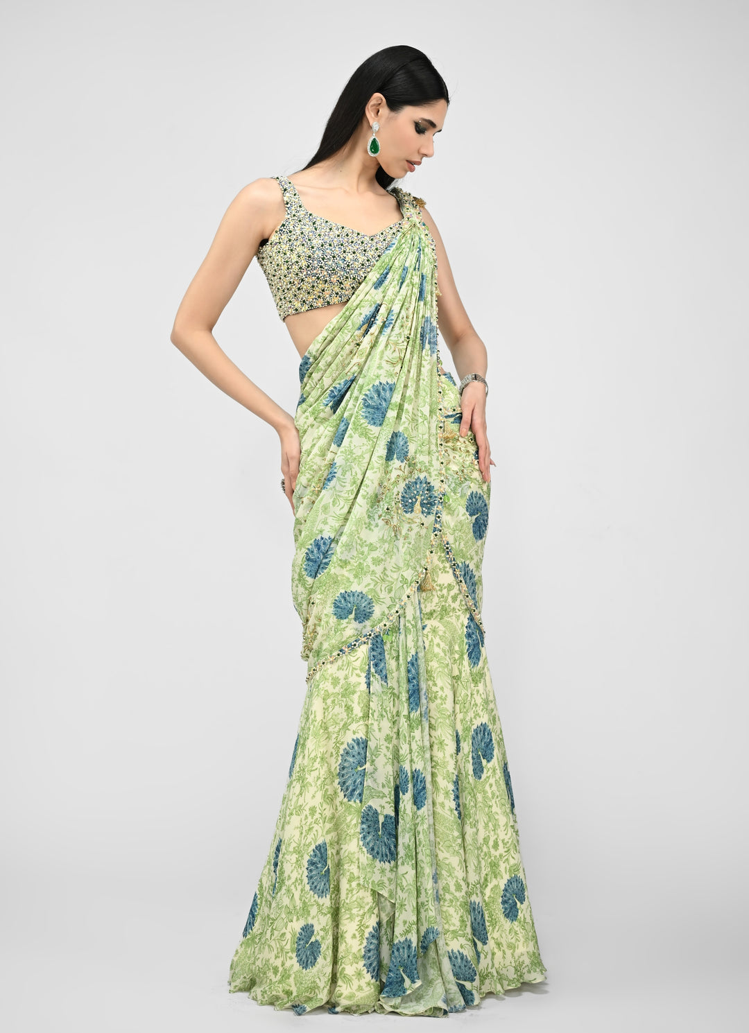 Green Printed Chinon Pre-Draped Saree With Embroidered Blouse