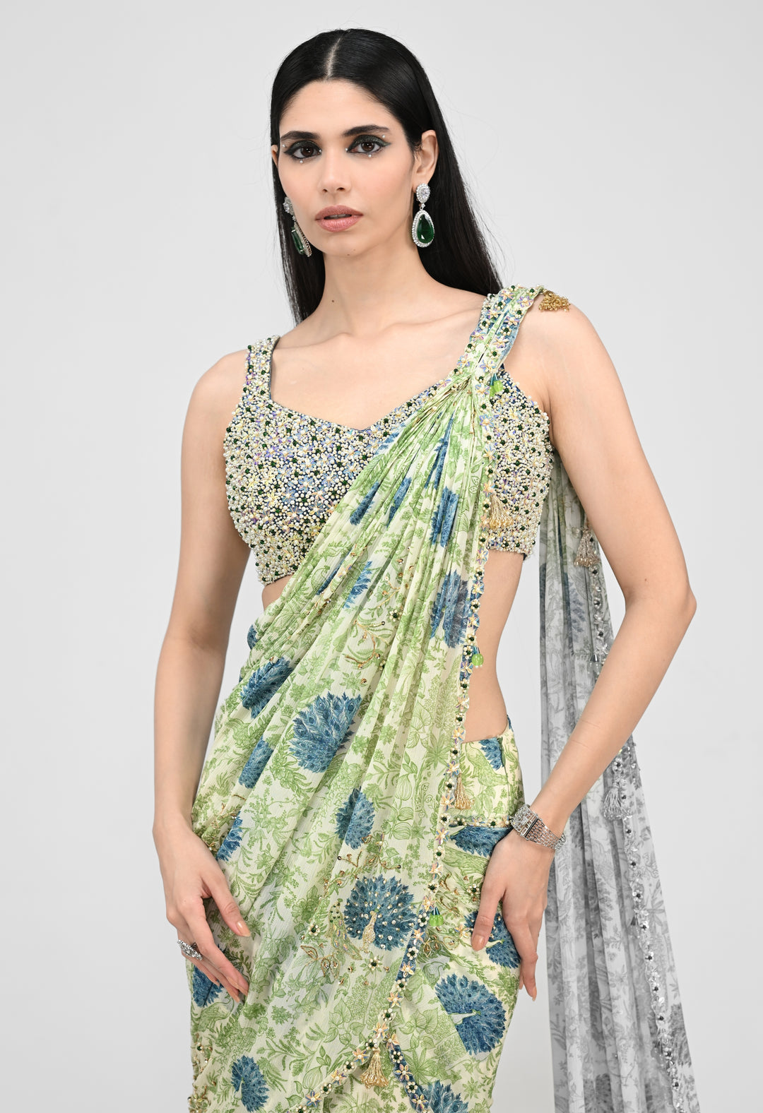 Green Printed Chinon Pre-Draped Saree With Embroidered Blouse