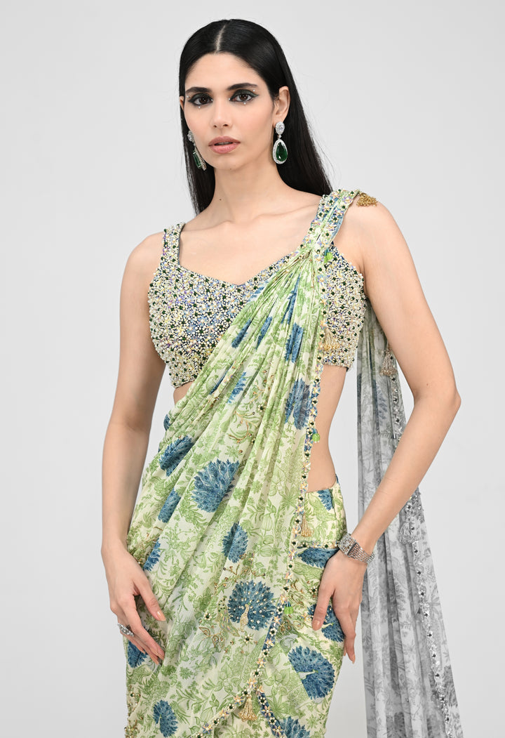 Green Printed Chinon Pre-Draped Saree With Embroidered Blouse