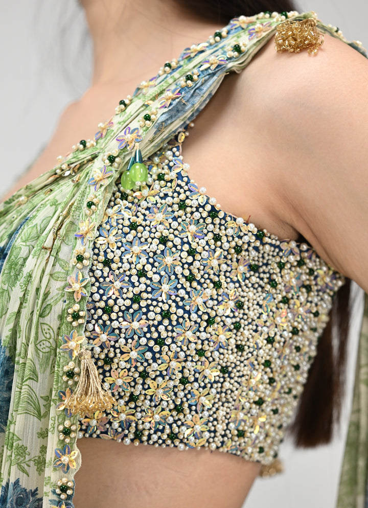 Green Printed Chinon Pre-Draped Saree With Embroidered Blouse