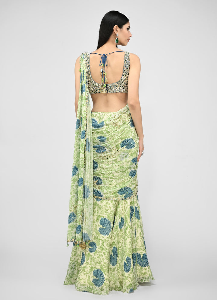 Green Printed Chinon Pre-Draped Saree With Embroidered Blouse