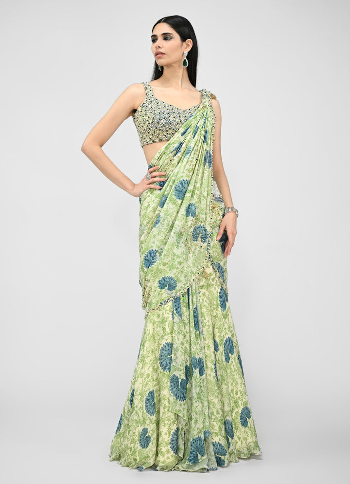 Green Printed Chinon Pre-Draped Saree With Embroidered Blouse