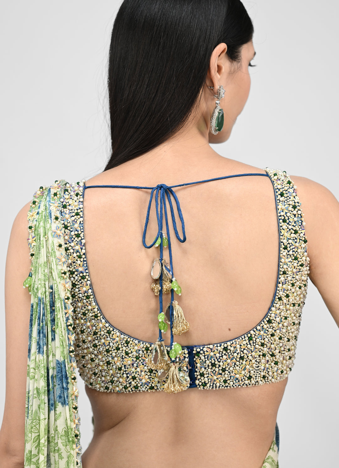 Green Printed Chinon Pre-Draped Saree With Embroidered Blouse