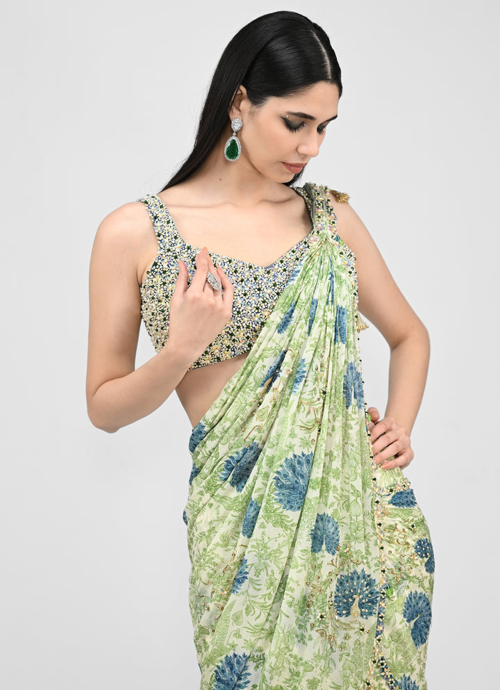 Green Printed Chinon Pre-Draped Saree With Embroidered Blouse