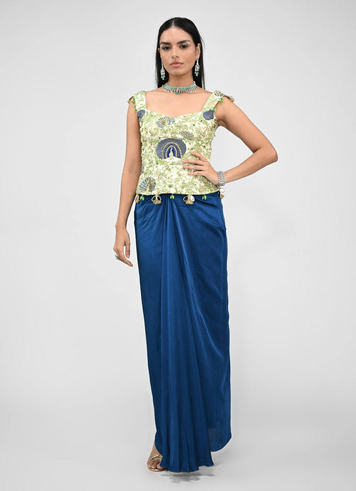 Peacock Blue Silk Cowl Skirt With Green Printed Corset